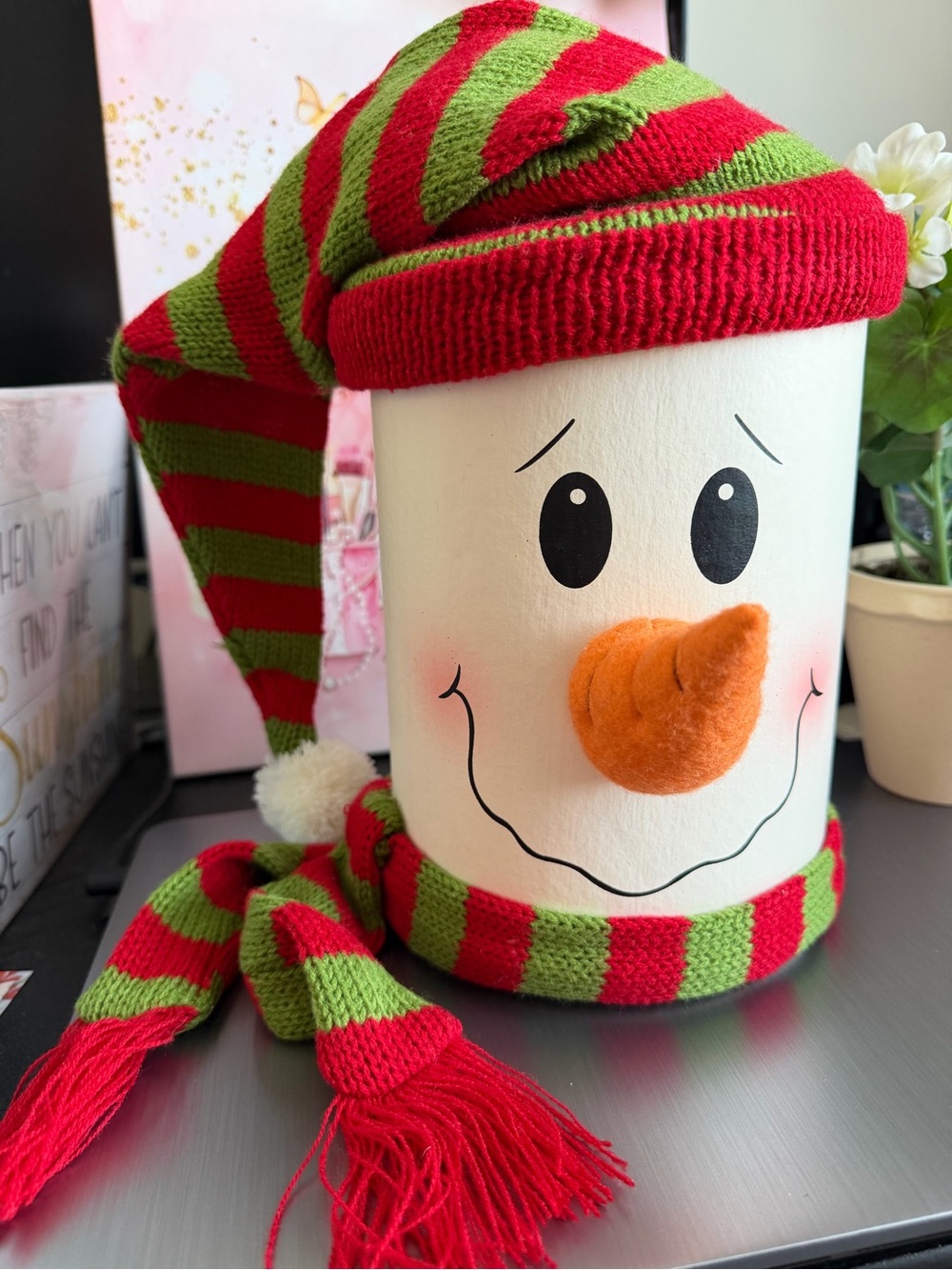 Festive Snowman Canister with Red & Green Knit Hat and Scarf Homemade
